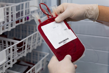 Leukocyte poor pack red cell in transfusion bag on a tray inside blood bank. Rare blood group...