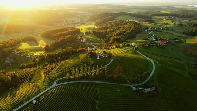 Aerial drone 4K footage of Prlekija in the morning during sunrise. Prlekija is a picturesque region in northeastern Slovenia known for its rolling hills, lush vineyards, and rich cultural heritage.