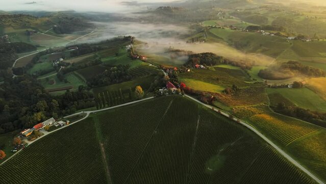 Aerial 4K drone footage of Kog during sunrise. It is a village in the hills northeast of Ormož in northeastern Slovenia, right on the border with Croatia.
