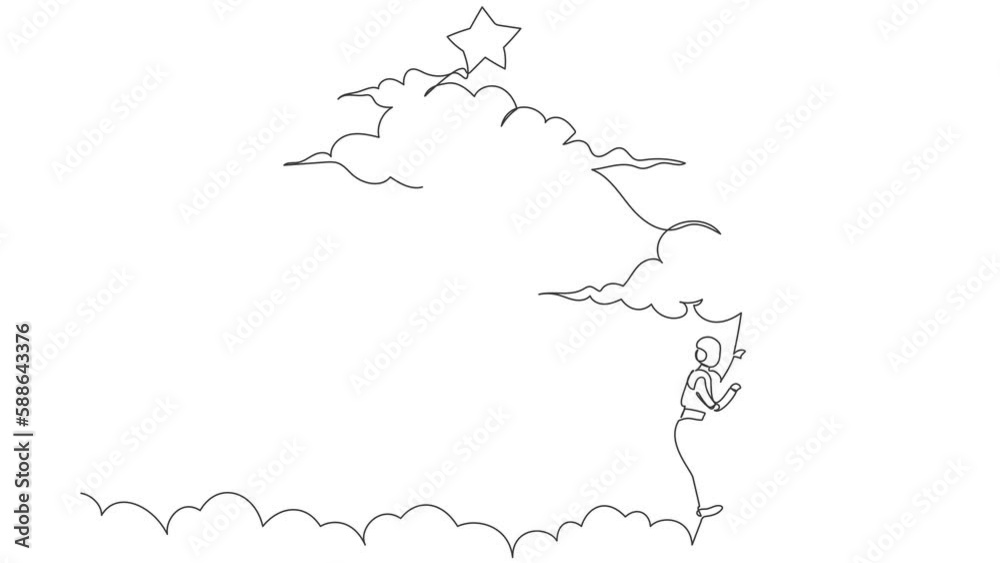 Poster animated self drawing of single continuous line draw robot climbing ladder to reach out for stars. m