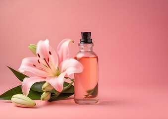 Obraz na płótnie Canvas Essential lily Oil in Glass Bottle with Fresh lily Flowers isolated on pink, Copy space, Banner, Generative AI
