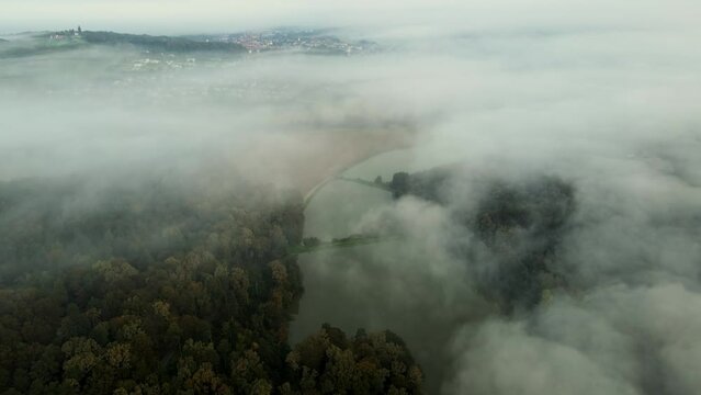 Aerial 4K drone footage of Jeruzalem during the sunrise. Jeruzalem is a small settlement in  the Municipality of Ljutomer in northeastern Slovenia.