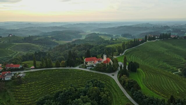 Aerial 4K drone footage of Jeruzalem during the sunrise. Jeruzalem is a small settlement in  the Municipality of Ljutomer in northeastern Slovenia.