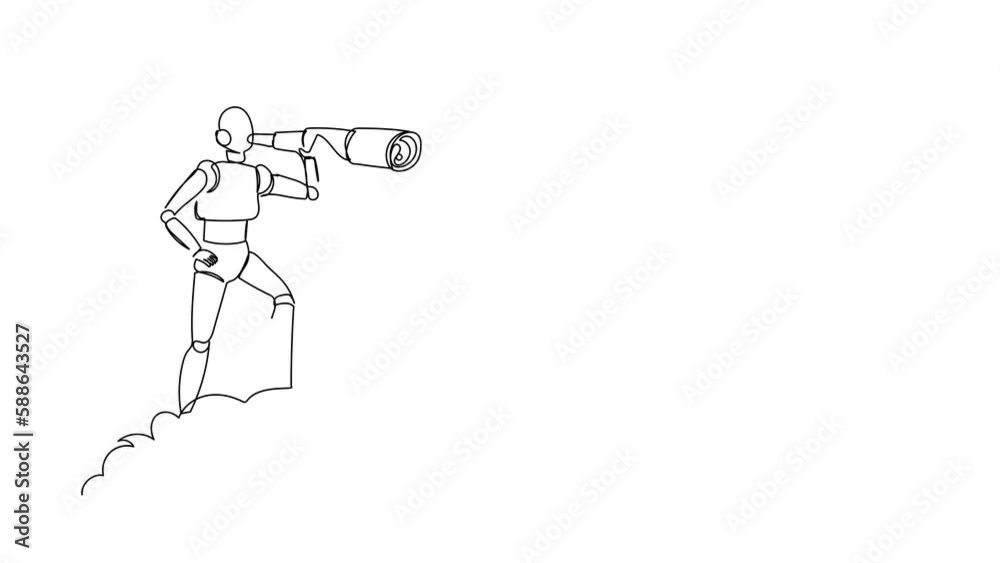 Poster self drawing animation of single one line draw robot on cloud holding binocular to search for innova
