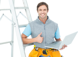 Repairman showing thumbs up sign while using laptop