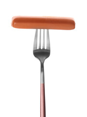 Fork with tasty sausage isolated on white background