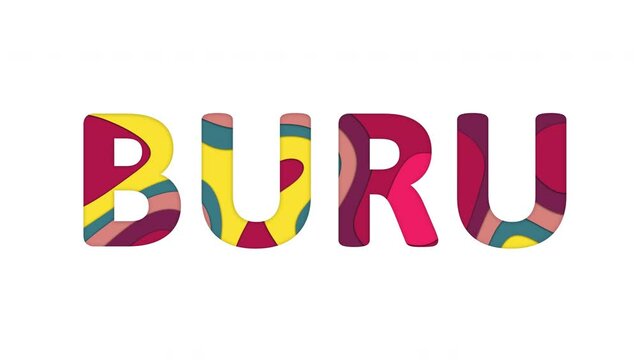 Multi-colored inscription Island name BURU with colored spots floating inside. Looped from frame 120 to 839, Alpha BW at the end