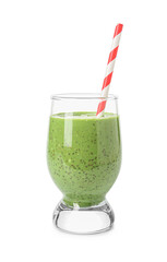Glass of tasty green smoothie with straw on white background