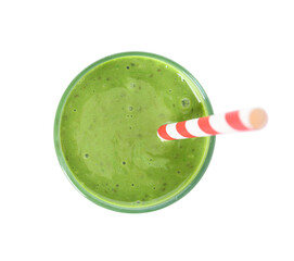 Glass of tasty green smoothie with straw on white background