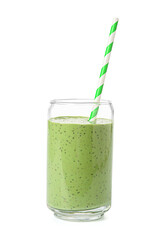 Glass of tasty green smoothie with straw on white background