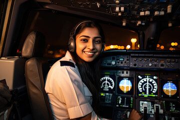 Indian female pilot smiling in the cockpit of aircraft, Night time, Generative AI - obrazy, fototapety, plakaty