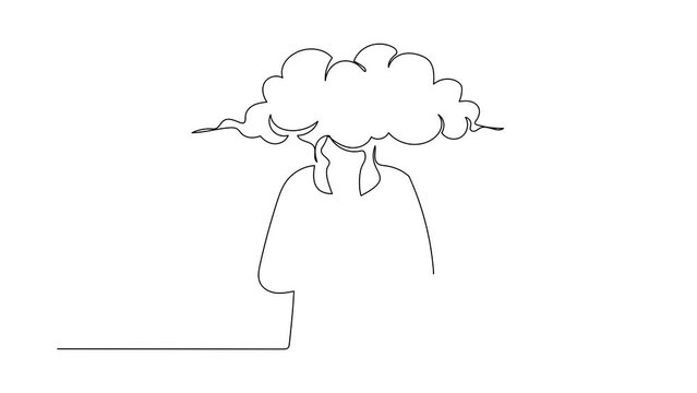 Self drawing animation of single line draw Arab businessman with empty head cloud instead. Distracted, daydreaming, absent, impractical. Thinking about idea. Continuous line draw. Full length animated