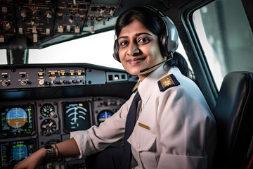 Indian female pilot smiling in cockpit of aircraft, Day time, Generative AI - obrazy, fototapety, plakaty
