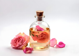 Obraz na płótnie Canvas Fresh and Fragrant: Essential Rose Oil in Glass Bottle isolated on white