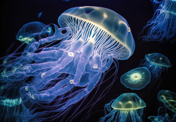 glowing jellyfish in the dark deep sea with bioluminescence - Theme Ocean and Life in the Deep Sea - Generative AI