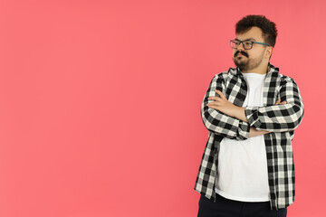 Concept of people, young fat man on pink background
