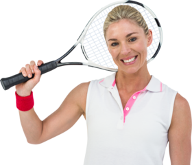 Portrait of happy athlete holding racquet