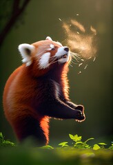 Red panda playfully batting at a leaf blowing in the breeze, generative ai