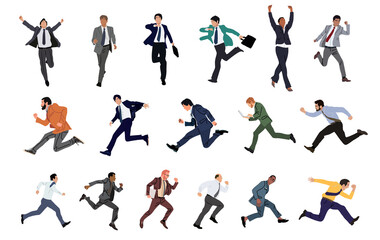 Fototapeta na wymiar Set of Business characters running. Men, women different ages, ethnicities, body types wearing formal outfit with briefcase, laptop, front, side view. Realistic illustrations on transparent background