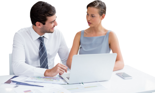 Colleagues brainstorming over laptop while sitting against white background