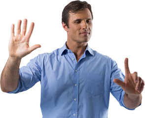Naklejka premium Male executive pressing an invisible virtual screen