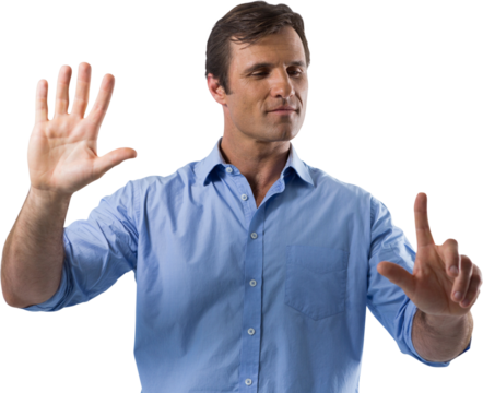 Male executive pressing an invisible virtual screen