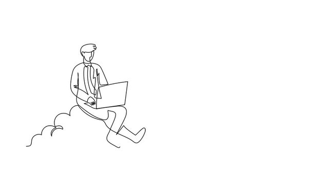 Animated self drawing of continuous line draw businessman sitting on cloud in sky and working with laptop. Wireless connection. Social networking using cloud storage. Full length one line animation
