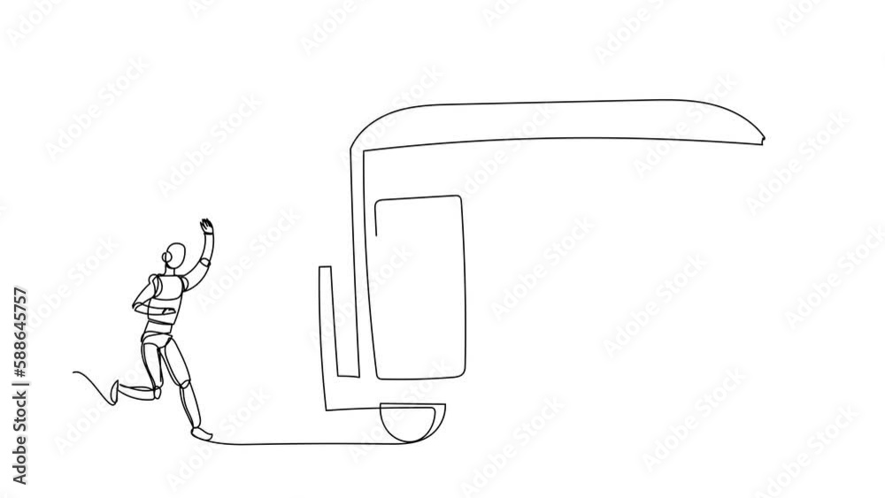 Poster animated self drawing of continuous line draw robot run chasing train. transport system in railway s