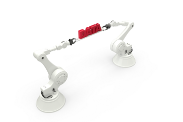 Robotic hands holding red data message over white background