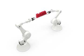 Foto op Plexiglas anti-reflex Robotic hands holding red data message over white background © vectorfusionart