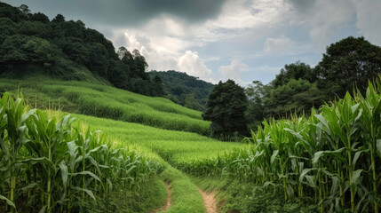 Fototapeta na wymiar Corn field, agricultural landscape. Generative AI