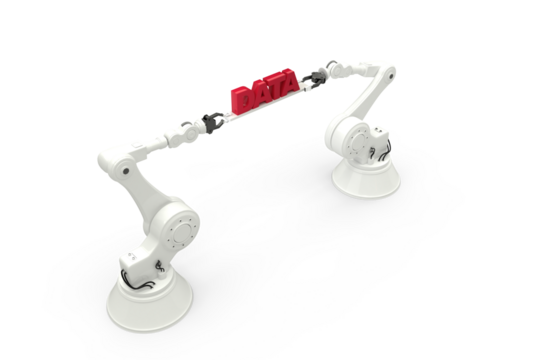 Robotic hands holding red data message over white background