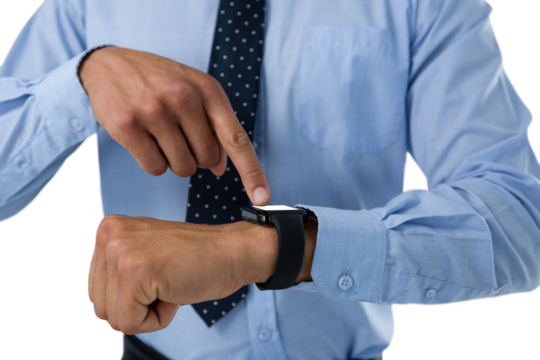Close-up of businessman using smartwatch
