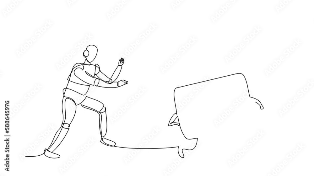 Poster animated self drawing of continuous line draw robot run chasing deposit box. financial security prot