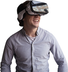 Smiling young man wearing virtual reality glasses