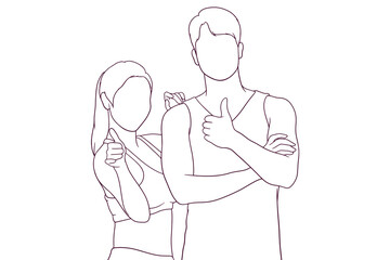Young Couple in Sportswear. Fitness and Exercise Concept. Hand Drawn Vector Illustration