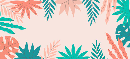 Fototapeta na wymiar Creative, bright, colorful background with tropical leaves. Summer sale, poster template, greeting card, banner.