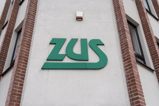 ZUS logo on a branch building. Polish Social Insurance Institution, Zakład Ubezpieczeń Społecznych on March 25, 2023 in Sochaczew, Poland.
