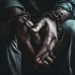 Fototapeta na wymiar A close-up shot of a man's hands in handcuffs, Generative AI