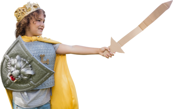 Boy in viking costume holding artificial sword