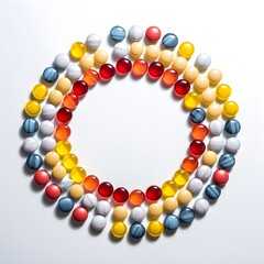 Obraz premium A collection of colorful pills arranged in a circle pattern, Generative AI
