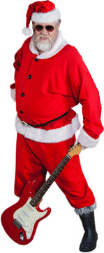 Smiling Santa Claus standing with guitar