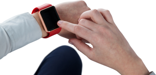 Man using smart watch over white background