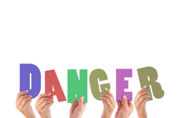 Colorful alphabet spelling danger held up by people 