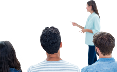 Casual young businessman giving presentation to colleagues 