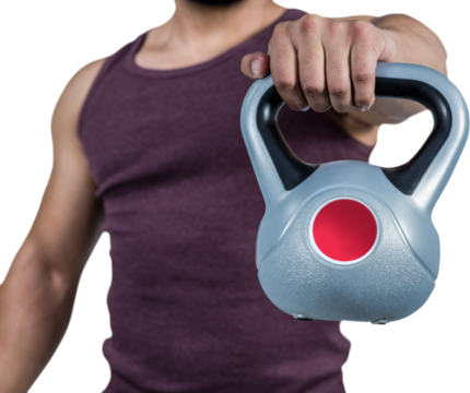 Mid section of a muscular man holding a kettlebell