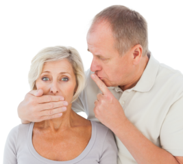 Man silencing his fearful partner