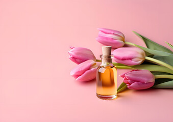 Aromatic Essential Oil in Glass Bottle with Beautiful Fresh Tulip Flowers isolated on pink background, Generative AI