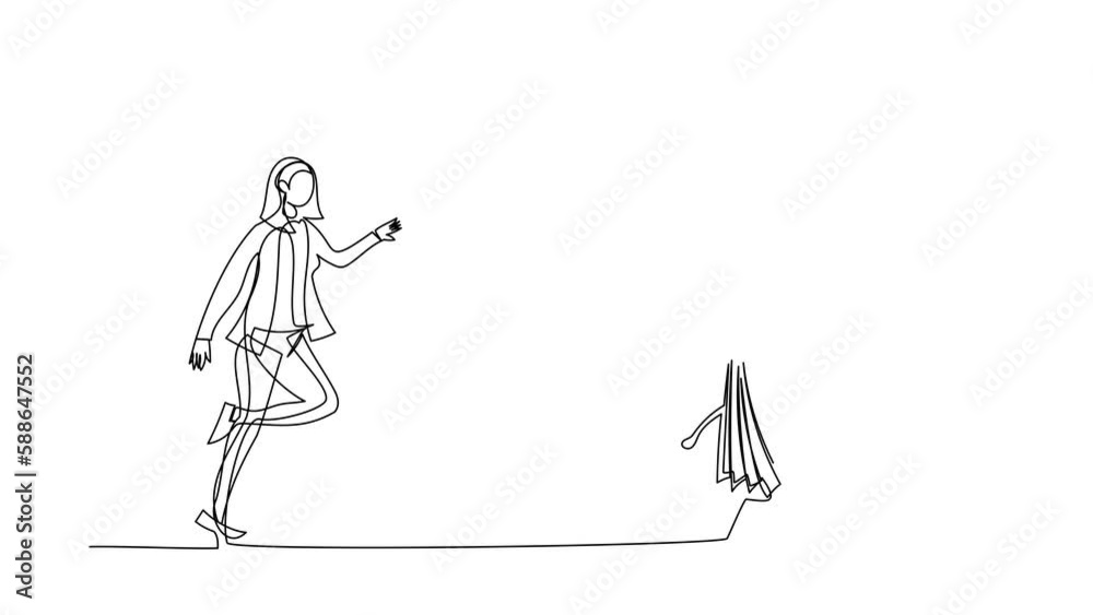 Poster self drawing animation of single line draw businesswoman run chasing try to catch calendar. manager 