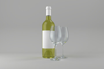 Green wine bottle with empty glasses